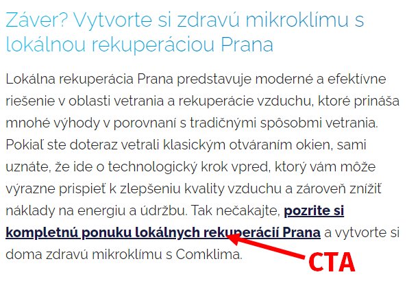 Ukážka textového CTA z článku o rekuperácii na Comklima.sk.